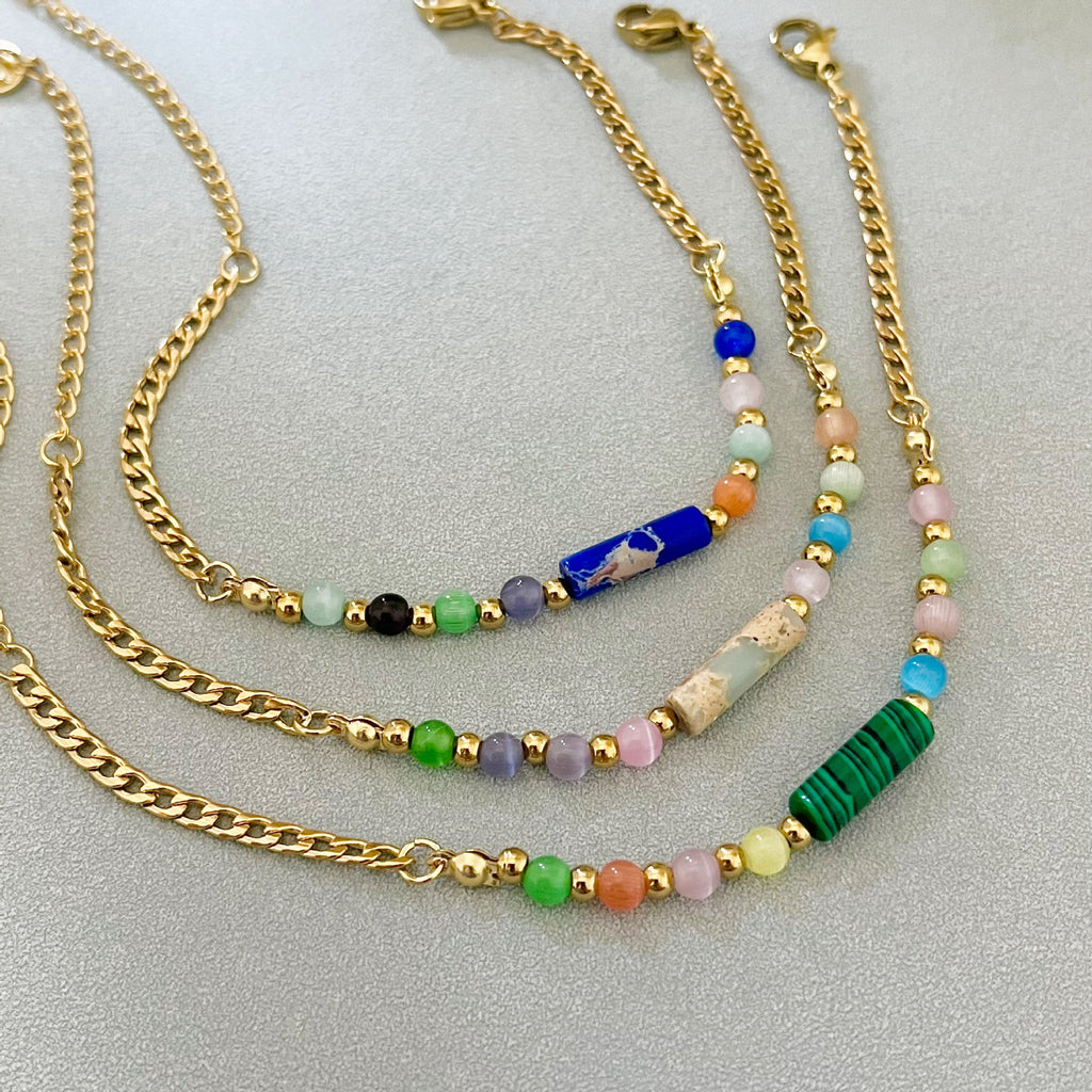 Bracelet fin à perles colorées, en acier inoxydable chaîne dorée avec pierre cylindrique, bijou délicat pour le quotidien, modèle Pénida