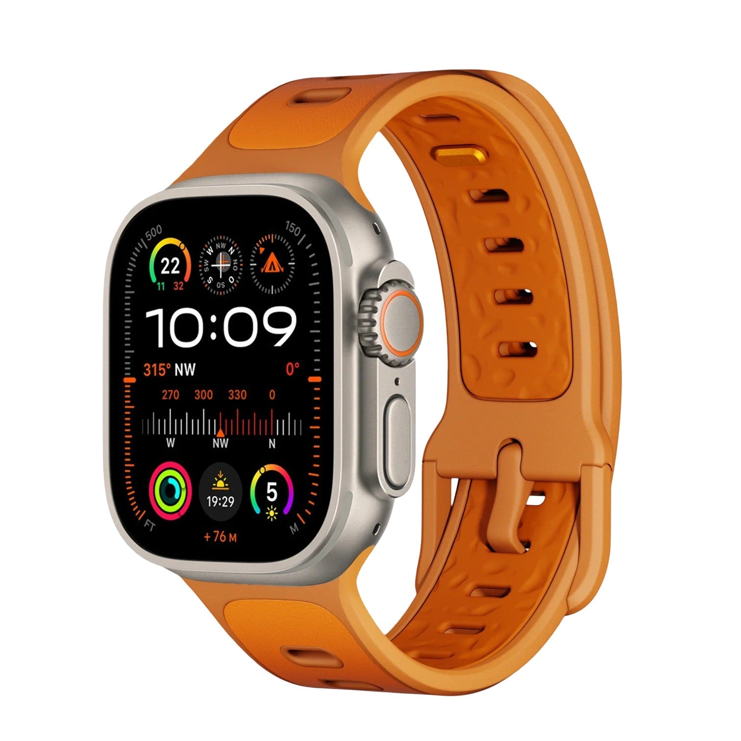 Bracelet Apple Watch orange en cuir mélangé et fluoroélastomère avec boucle ajustable, design sportif et hybride.