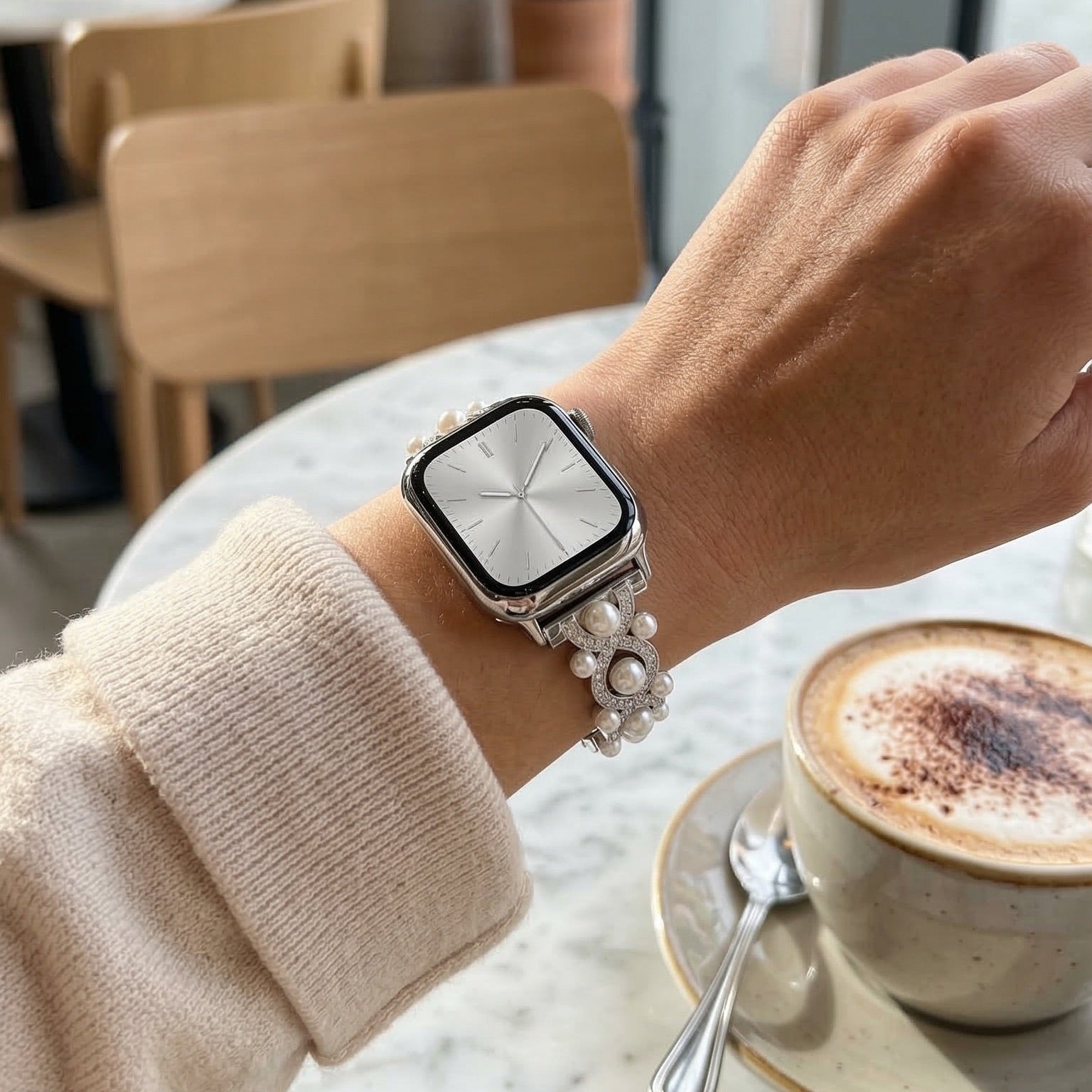 Bracelet Apple Watch décoratif, chaîne élégante avec perles et détails scintillants, bijou de poignet lumineux, modèle Laufey