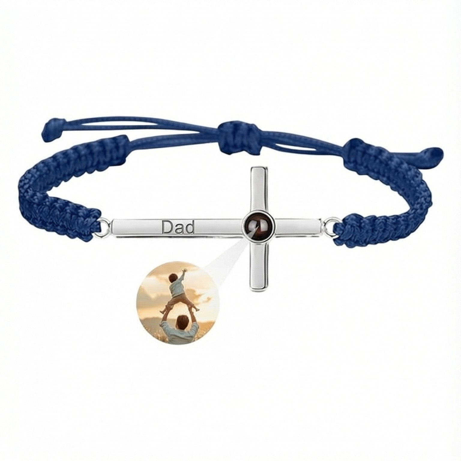 Bracelet corde bleu coulissante avec pendentif croix argent gravé "Dad" et photo personnalisée centrale.