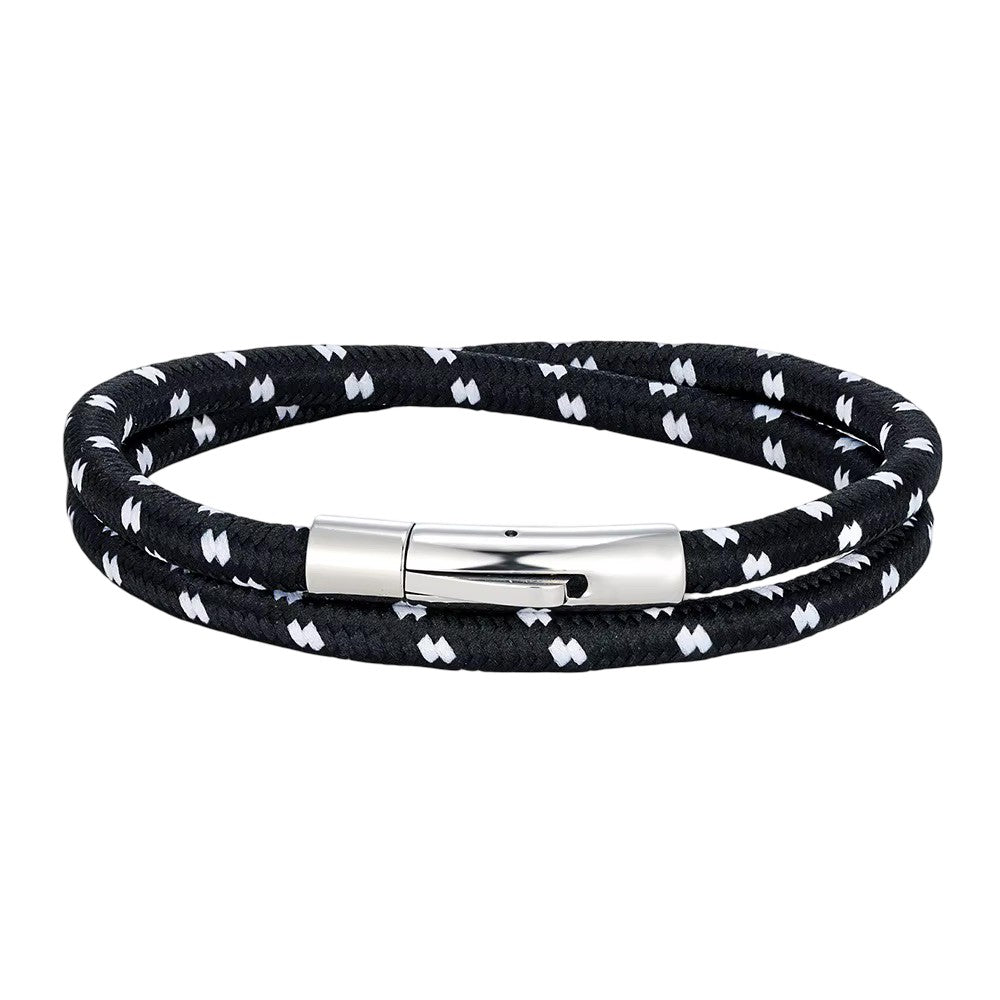 Bracelet cordon noir tressé à motifs blancs, boucle magnétique en acier inoxydable brillant, style nautique double brin.