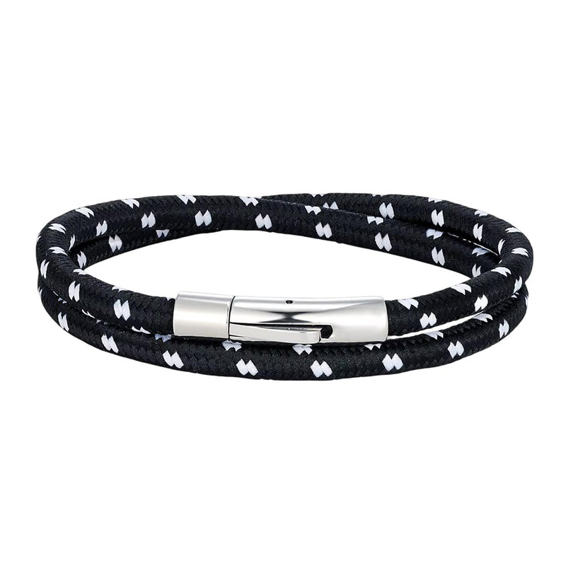 Bracelet cordon noir tressé à motifs blancs, boucle magnétique en acier inoxydable brillant, style nautique double brin.