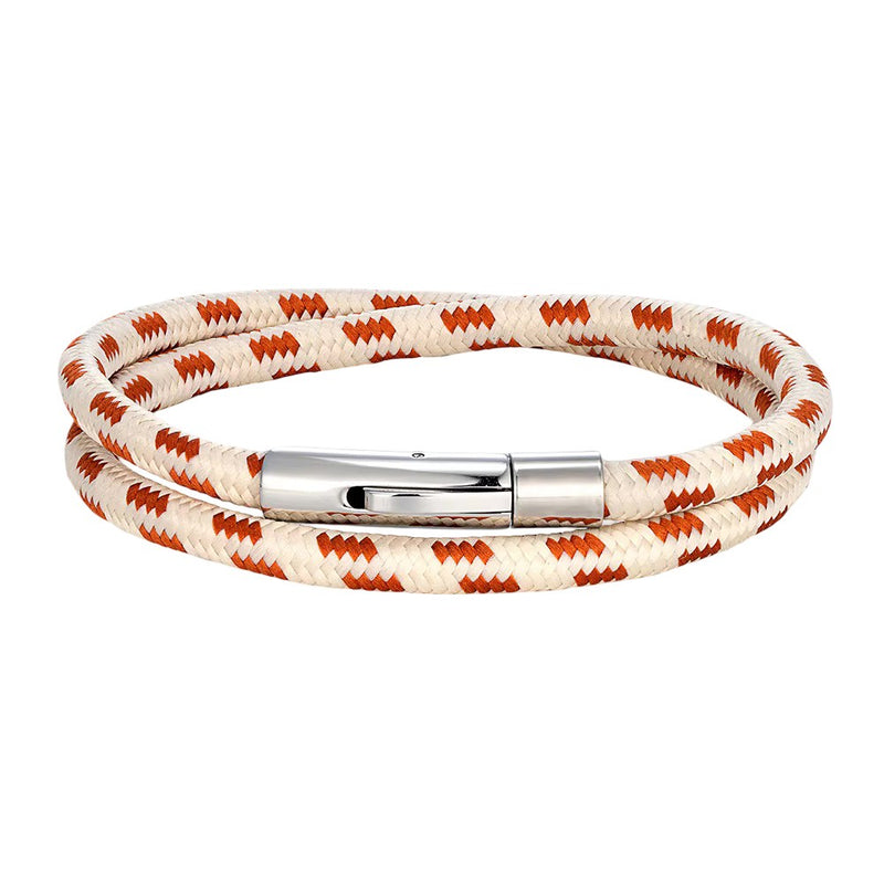 Bracelet cordon beige et orange à double brin tressé avec boucle magnétique en acier inoxydable, style nautique élégant.