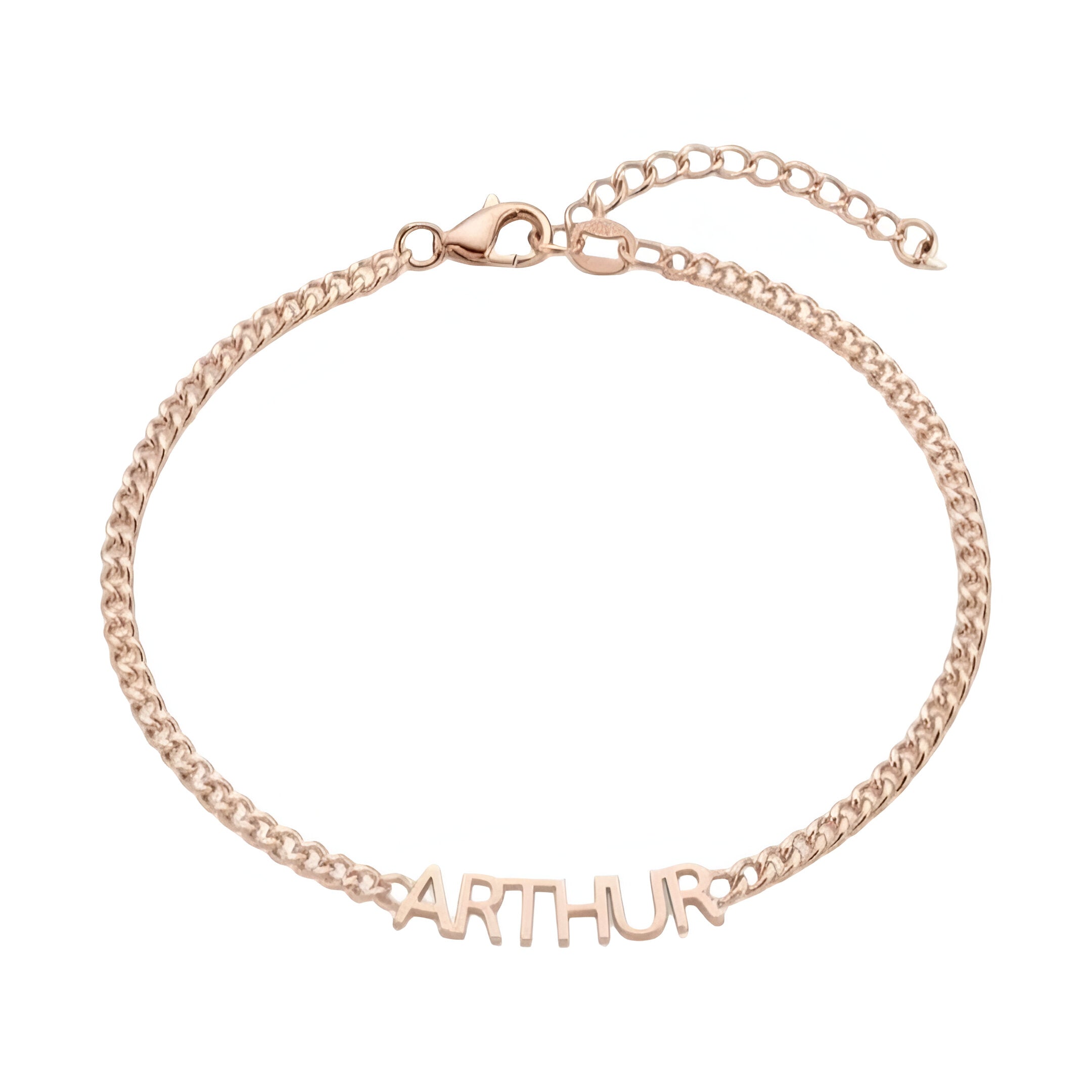 Bracelet fin en acier inoxydable couleur or rose avec maille cubaine et prénom Arthur découpé.
