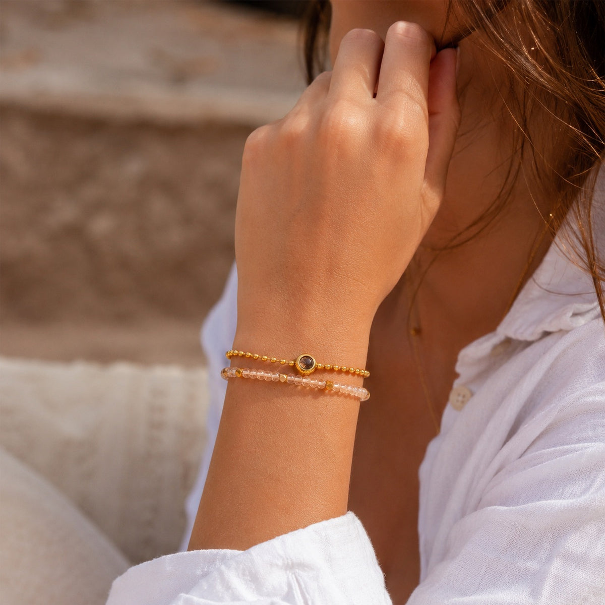 Bracelet photo personnalisé, double rang, en pierres naturelles, modèle Tila