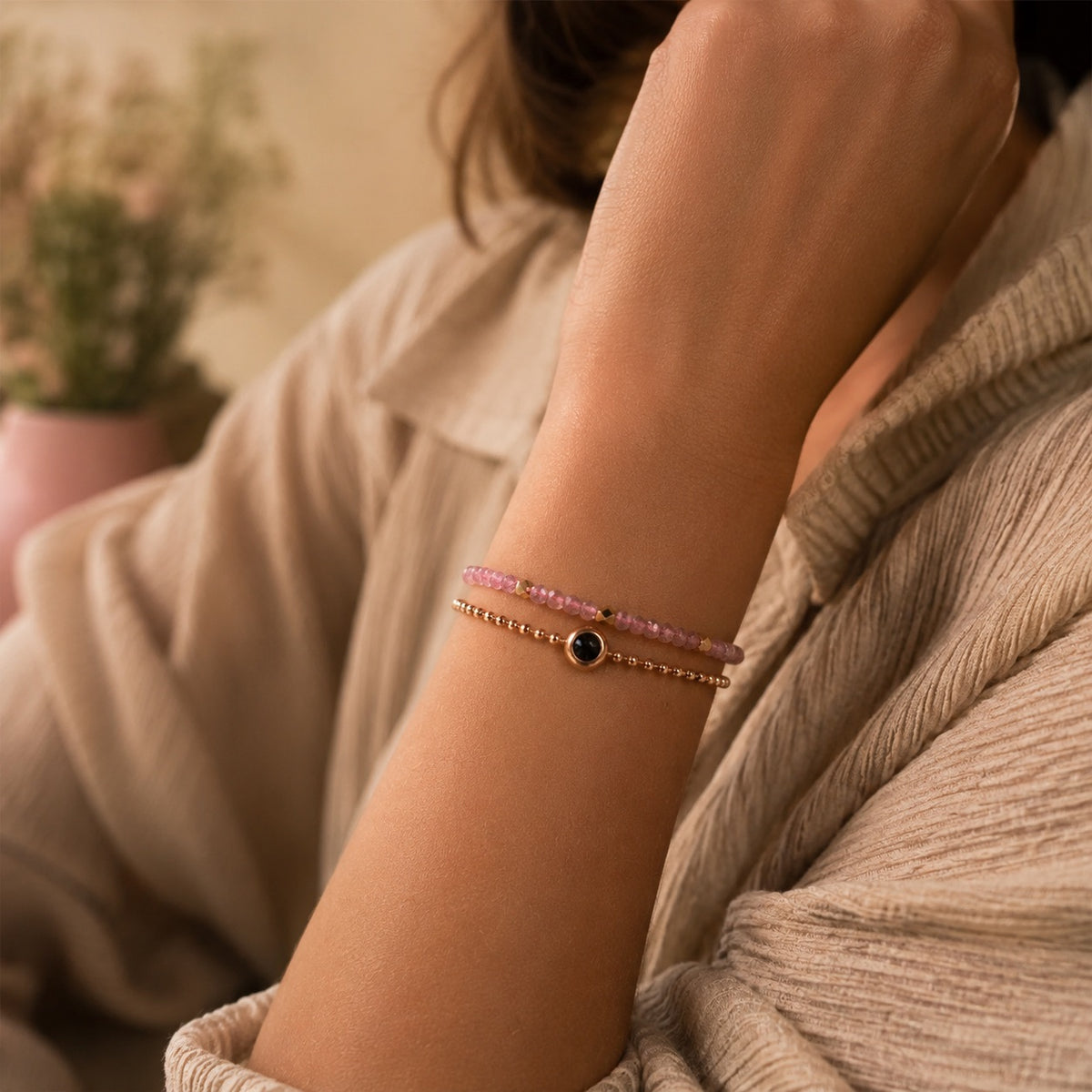 Bracelet photo personnalisé, double rang, en pierres naturelles, modèle Tila
