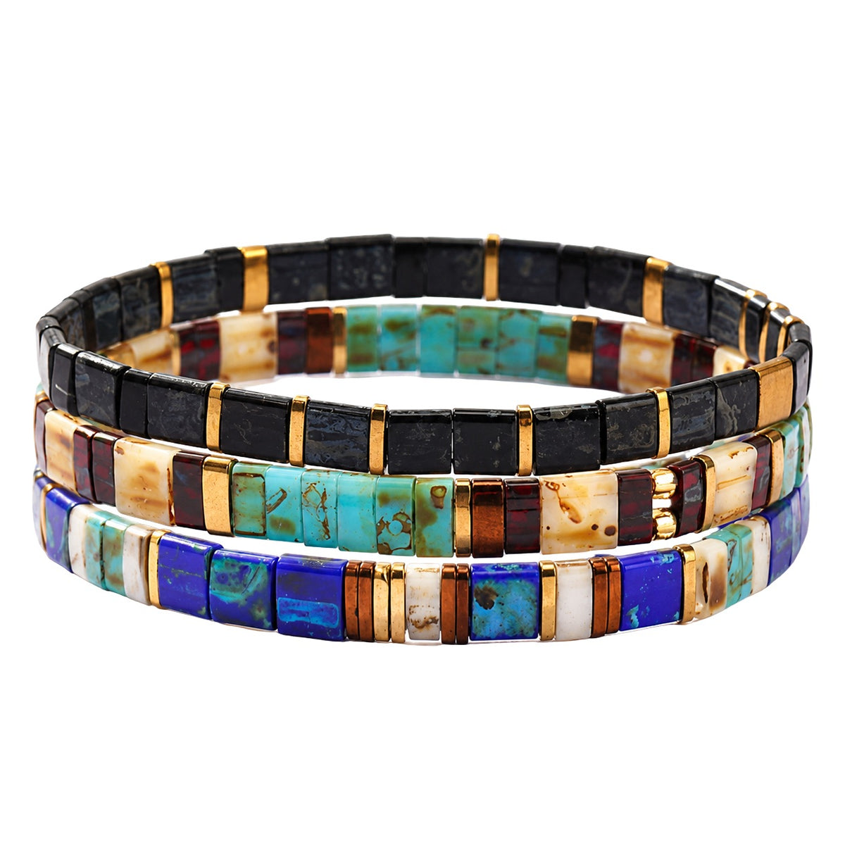 Trio de bracelets en perles du Japon Tila, couleurs minérales et touches dorées, modèle Kamitsu