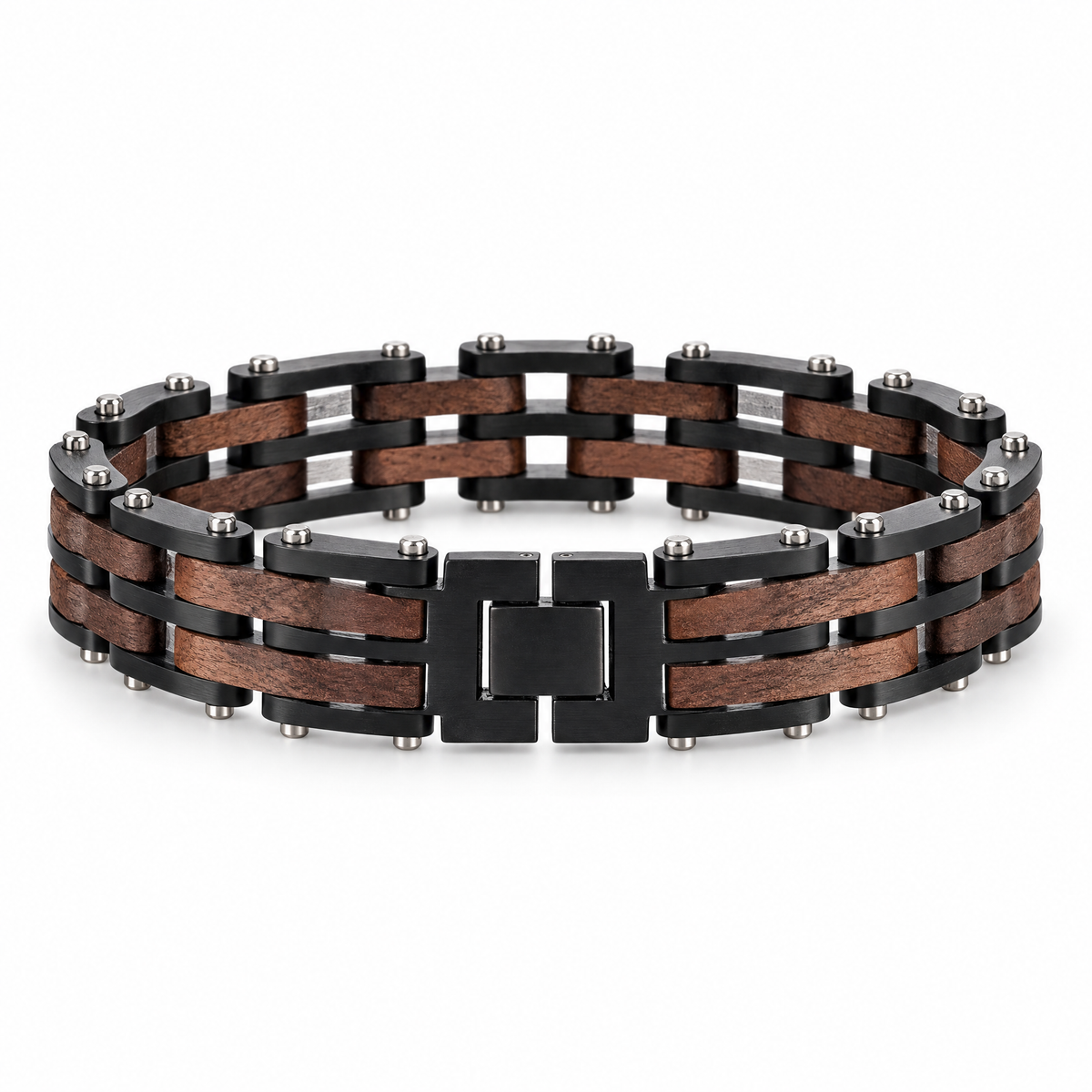 Packshot studio bracelet Achille Noir et marron, vue de face sur fond blanc — 8 octobre 2026