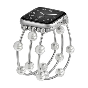 Bracelet Apple Watch femme, perles blanches, alliage doré ou argenté, élastique, bijou élégant, modèle Yourie