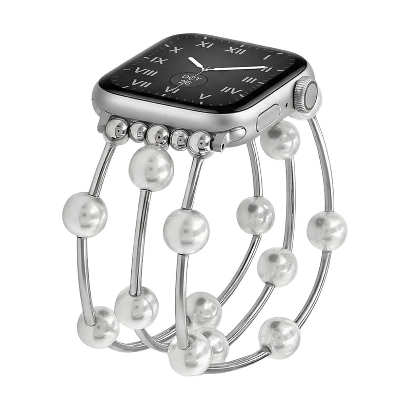 Bracelet Apple Watch femme, perles blanches, alliage doré ou argenté, élastique, bijou élégant, modèle Yourie
