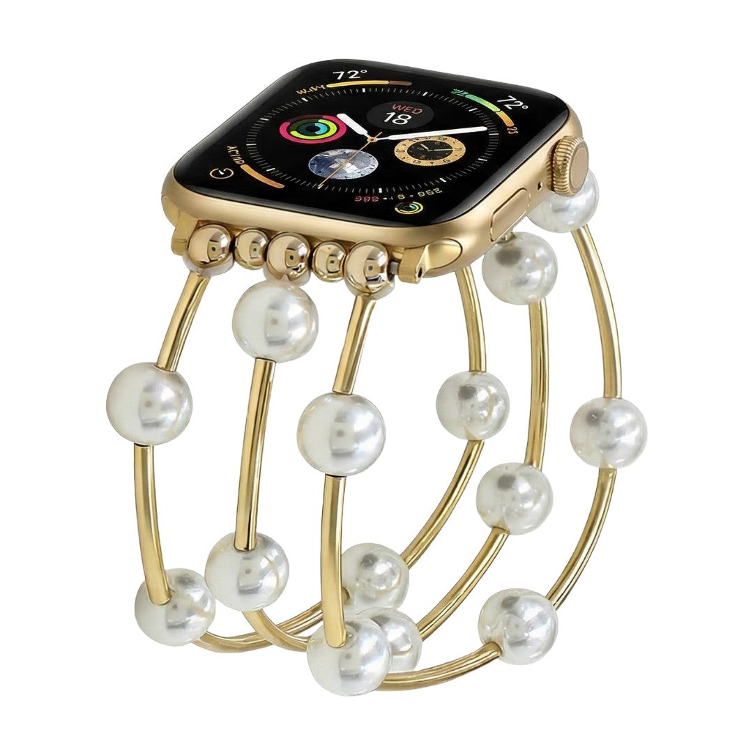 Bracelet Apple Watch femme, perles blanches, alliage doré ou argenté, élastique, bijou élégant, modèle Yourie