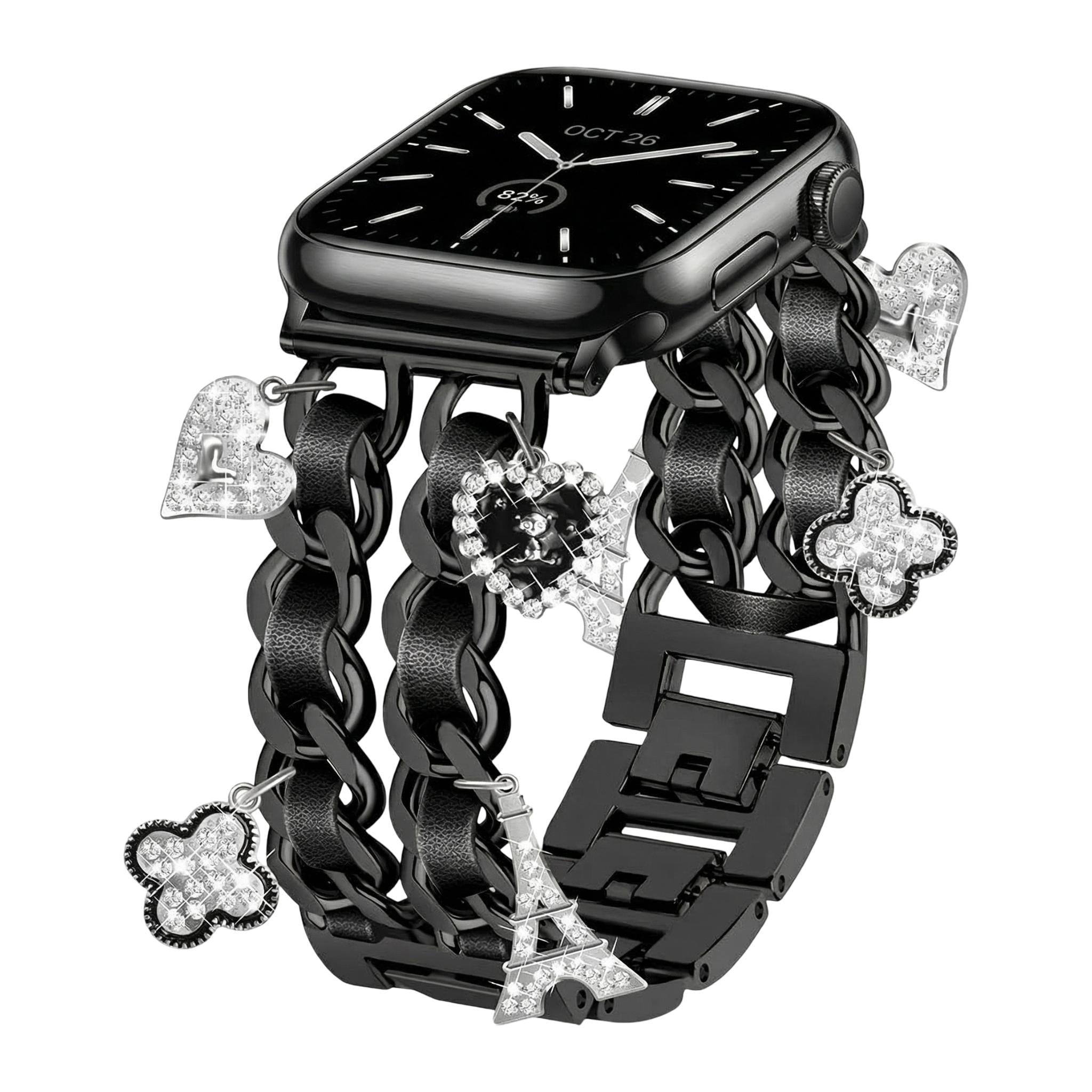 Apple Watch Bracelet, multiple heart and cross charms, clip-on metal links, women's watch jewelry, trendy accessory, Erza model