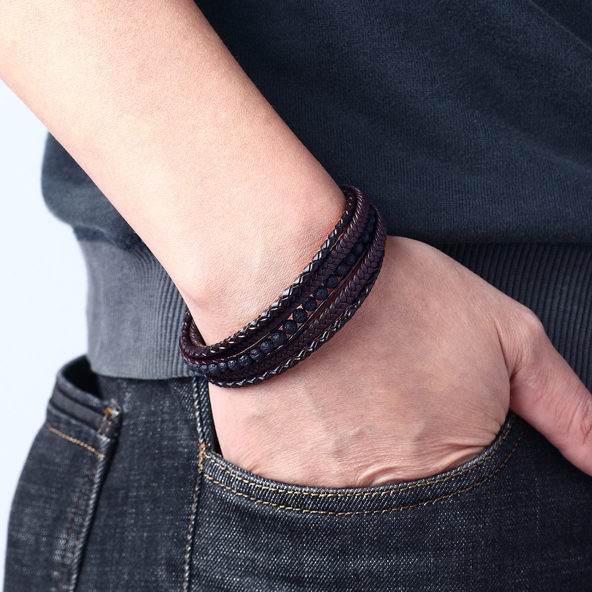 Bracelet personnalisé multi-rangs tressé, pierres naturelles, fermoir magnétique, modèle Aristote