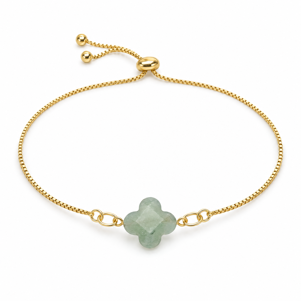 Packshot studio bracelet Bracelet chaîne vénitienne dorée, pierre naturelle taillée en trèfle, pour femme, modèle Beldia — Aventurine, vue frontale basse, fond blanc pur, détails verrouillés