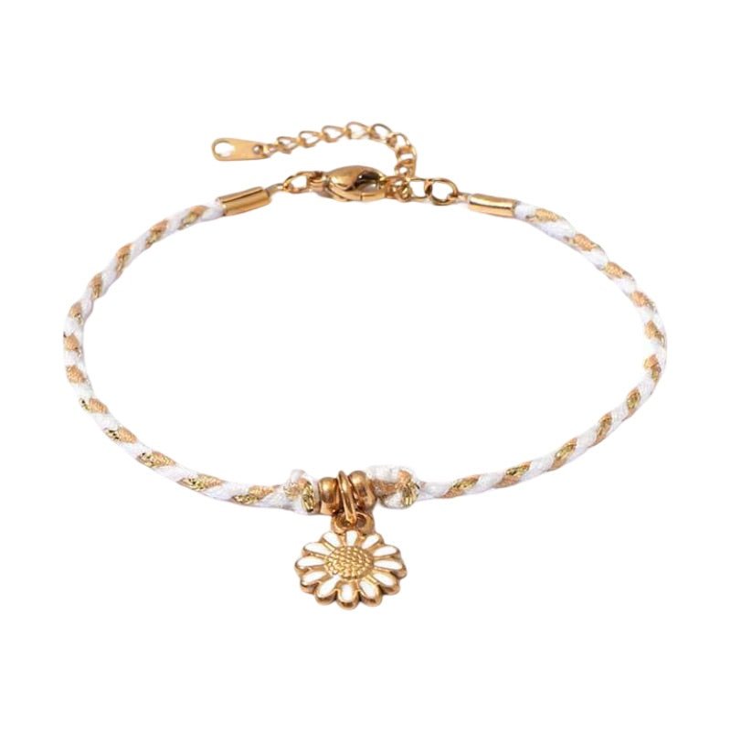 Bracelet fin en coton blanc et rose avec pendentif fleur en acier doré.