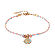 Bracelet fin en coton rose et bleu avec pendentif fleur en acier doré et bleu clair.