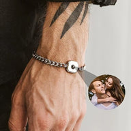 Bracelet maille cubaine en acier inoxydable avec plaque personnalisable pour photo, finition argentée brillante.