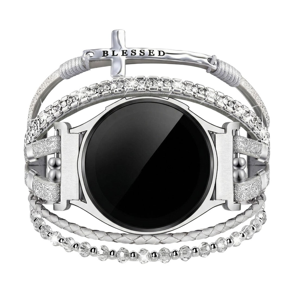 Armbånd til Samsung-ur / Garmin-ur / Ice-ur / Huawei-ur, flerstrenget i flettet læder og rustfrit stål, funklende glassten og indgraveret kors med teksten "Blessed", model Nadine