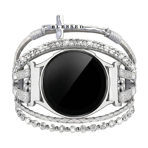 Armbånd til Samsung-ur / Garmin-ur / Ice-ur / Huawei-ur, flerstrenget i flettet læder og rustfrit stål, funklende glassten og indgraveret kors med teksten "Blessed", model Nadine