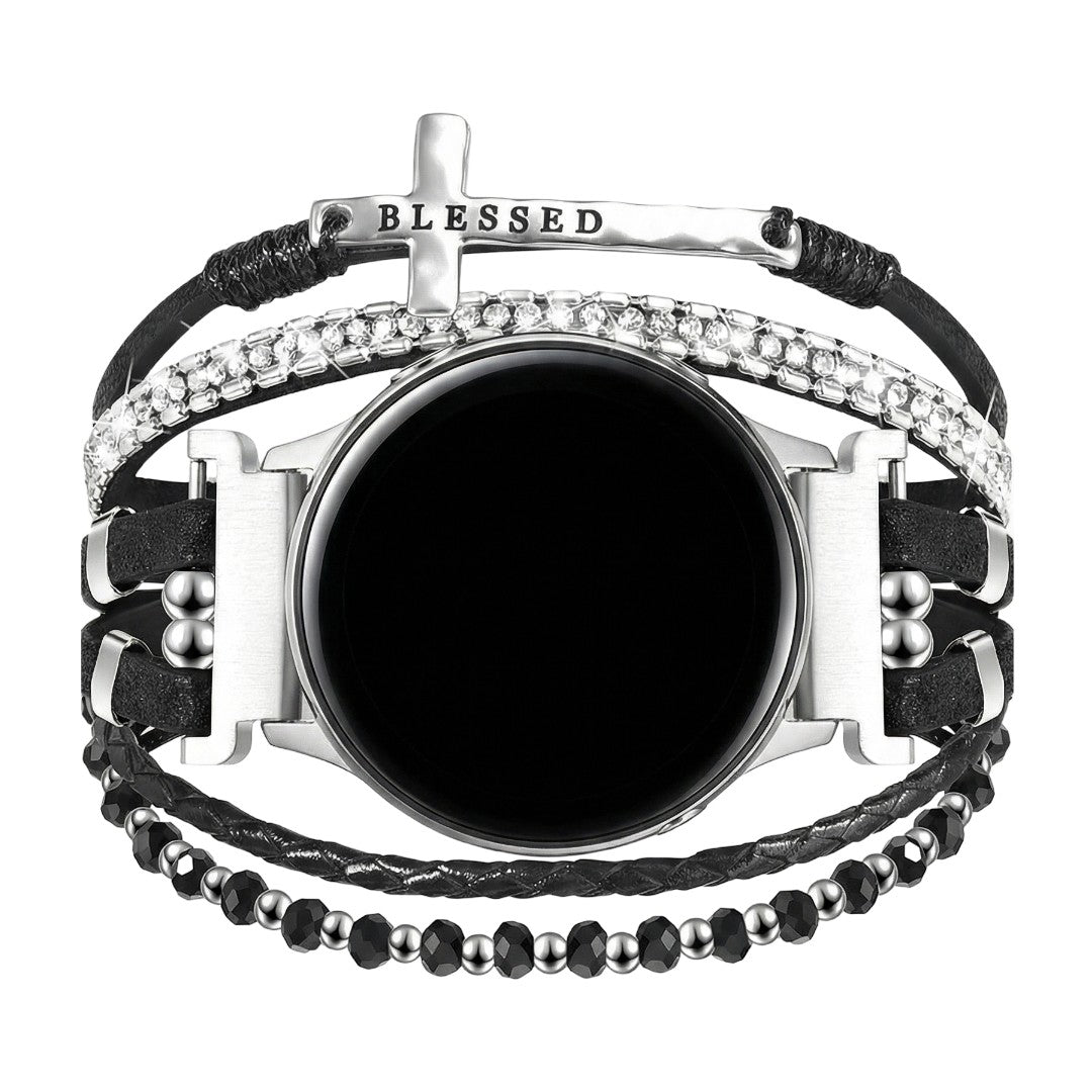 Armbånd til Samsung-ur / Garmin-ur / Ice-ur / Huawei-ur, flerstrenget i flettet læder og rustfrit stål, funklende glassten og indgraveret kors med teksten "Blessed", model Nadine