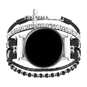 Armbånd til Samsung-ur / Garmin-ur / Ice-ur / Huawei-ur, flerstrenget i flettet læder og rustfrit stål, funklende glassten og indgraveret kors med teksten "Blessed", model Nadine