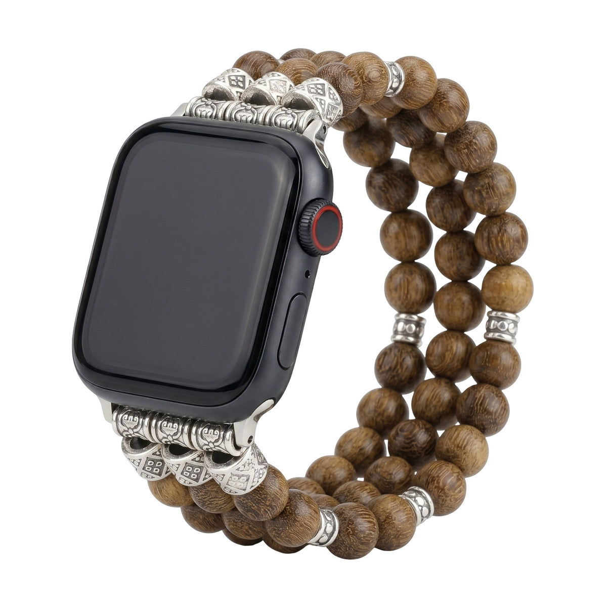 Bracciale per Apple Watch in perle di legno, con connettori argentati incisi, stile etnico chic, elastico, modello Woody
