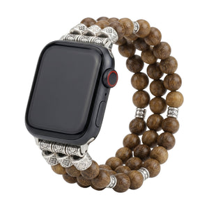 Bracciale per Apple Watch in perle di legno, con connettori argentati incisi, stile etnico chic, elastico, modello Woody