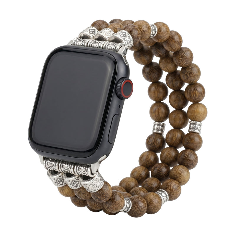 Bracciale per Apple Watch in perle di legno, con connettori argentati incisi, stile etnico chic, elastico, modello Woody
