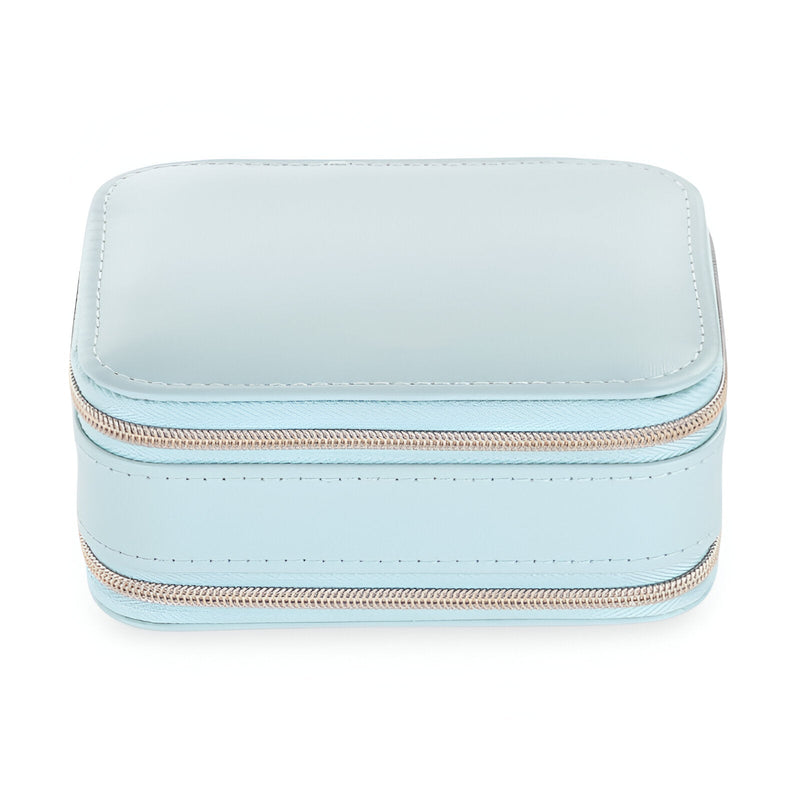 Boîte à bijoux nomade bleue à double fermeture éclair en cuir lisse, format compact et élégant.