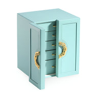 Boîte à bijoux nomade bleue avec poignées dorées et plusieurs rangements pour boucles d'oreilles.