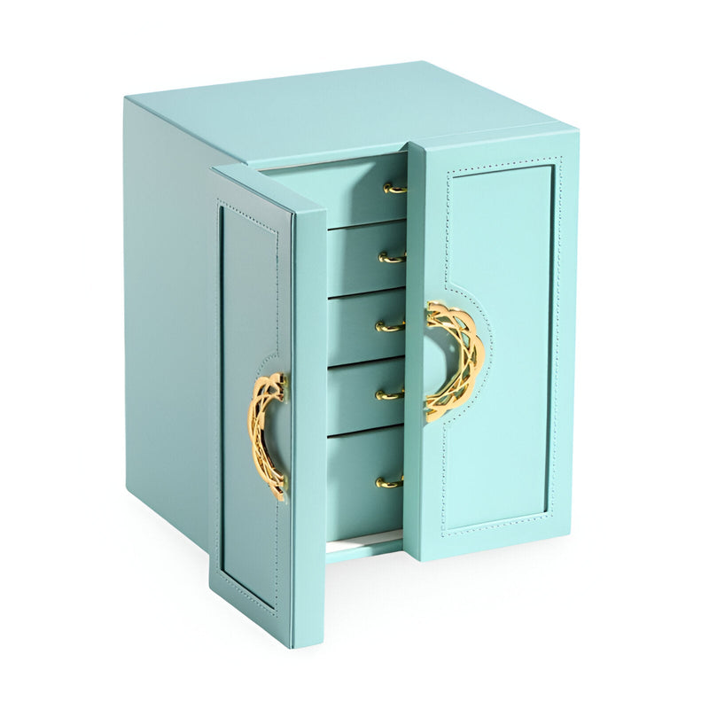 Boîte à bijoux nomade bleue avec poignées dorées et plusieurs rangements pour boucles d'oreilles.