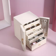 Boîte à bijoux blanche Nérea avec tiroirs et compartiments multiples, design compact et élégant.