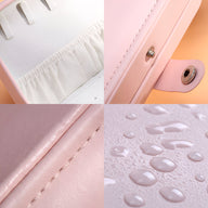 Boîte à bijoux nomade moyenne modèle Martina en cuir rose avec bouton-pression et intérieur blanc doublé tissu et miroir,.