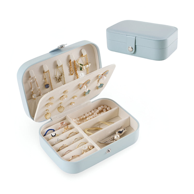 Boîte à bijoux nomade bleue claire, format moyen, avec compartiments et supports pour bagues, boucles d’oreilles et.
