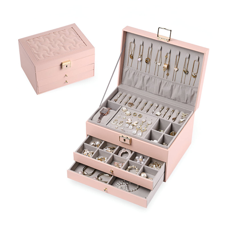 Boîte à bijoux nomade grande, rose, en cuir avec multiples tiroirs et rangement pour colliers.