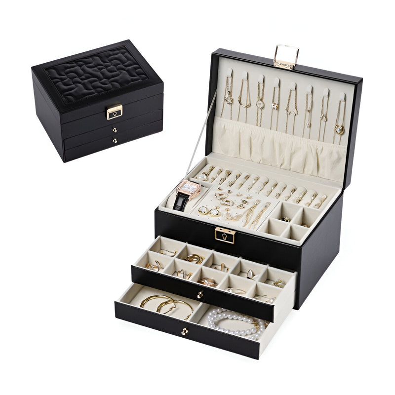 Boîte à bijoux nomade noire grand format avec multiples tiroirs et compartiments organisés.