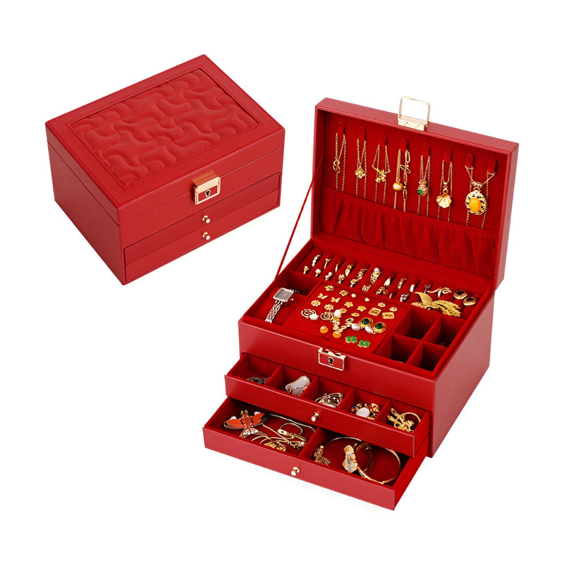 Boîte à bijoux nomade rouge grand format, multiples tiroirs, rangement boucles d'oreilles, colliers et bagues.