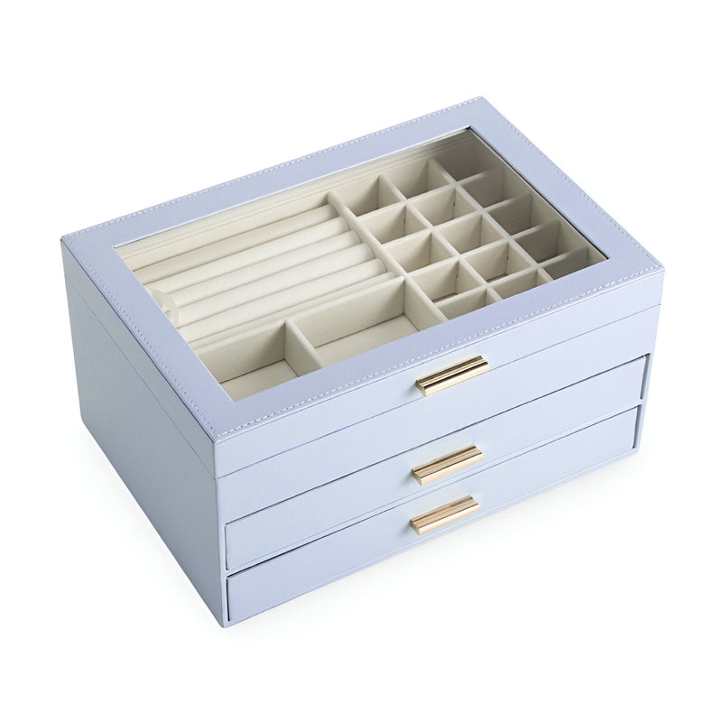 Boîte à bijoux nomade bleu clair grand format avec tiroirs et compartiments multiples en velours beige.