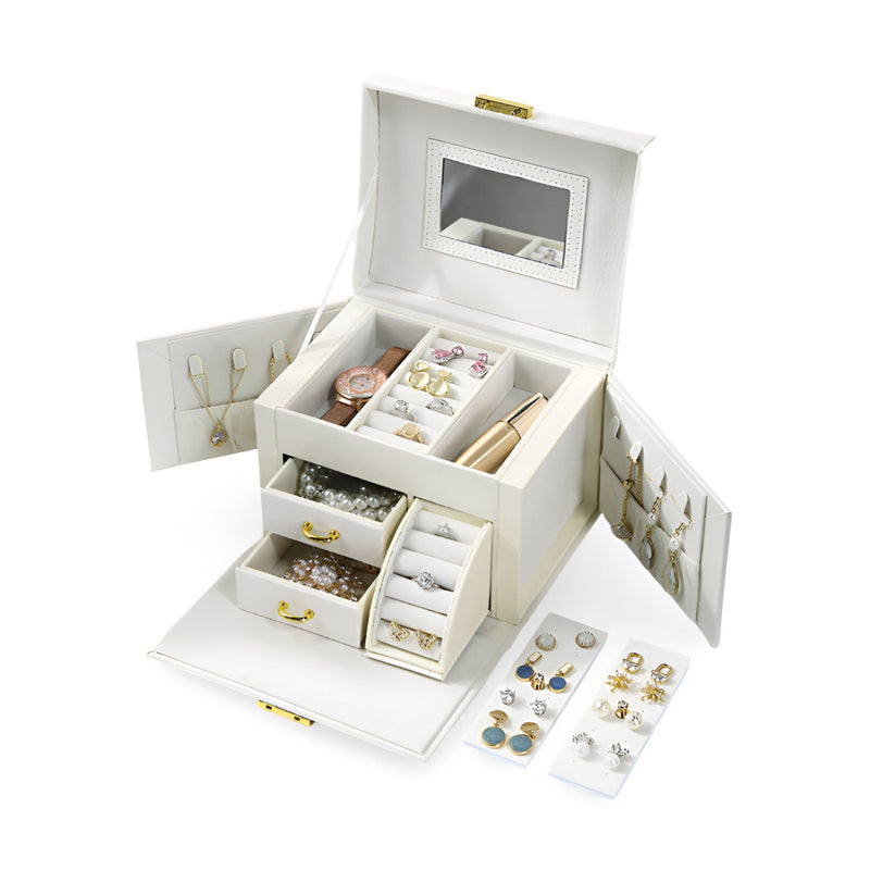 Boîte à bijoux blanche grande capacité avec miroir, rangements multiples et portes latérales ouvertes.