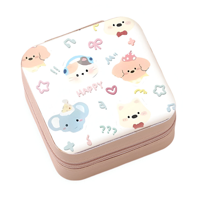 Boîte à bijoux rose motif animaux mignons avec éléphant, chiots et notes musicales.