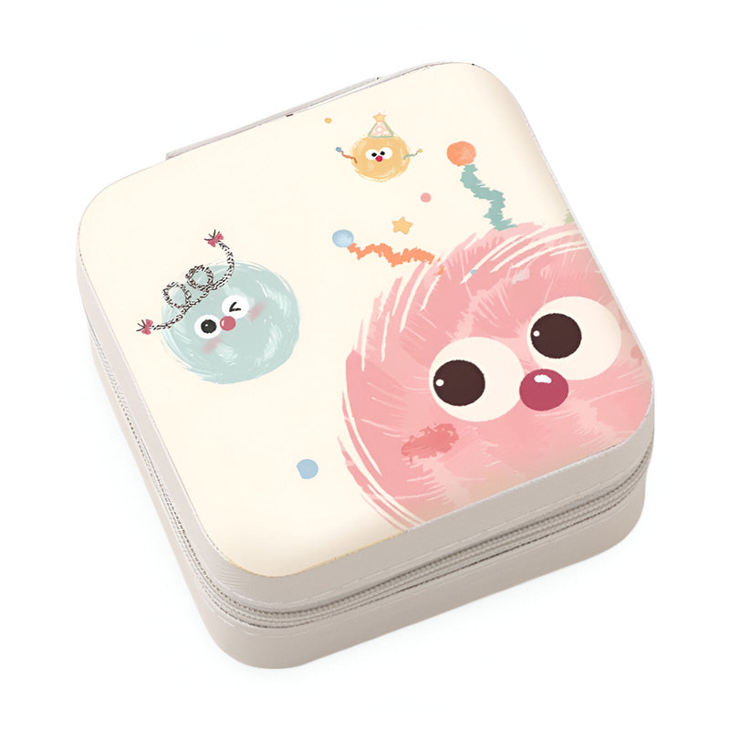 Boîte à bijoux blanche avec motif monstres colorés et yeux expressifs, modèle Ambar.