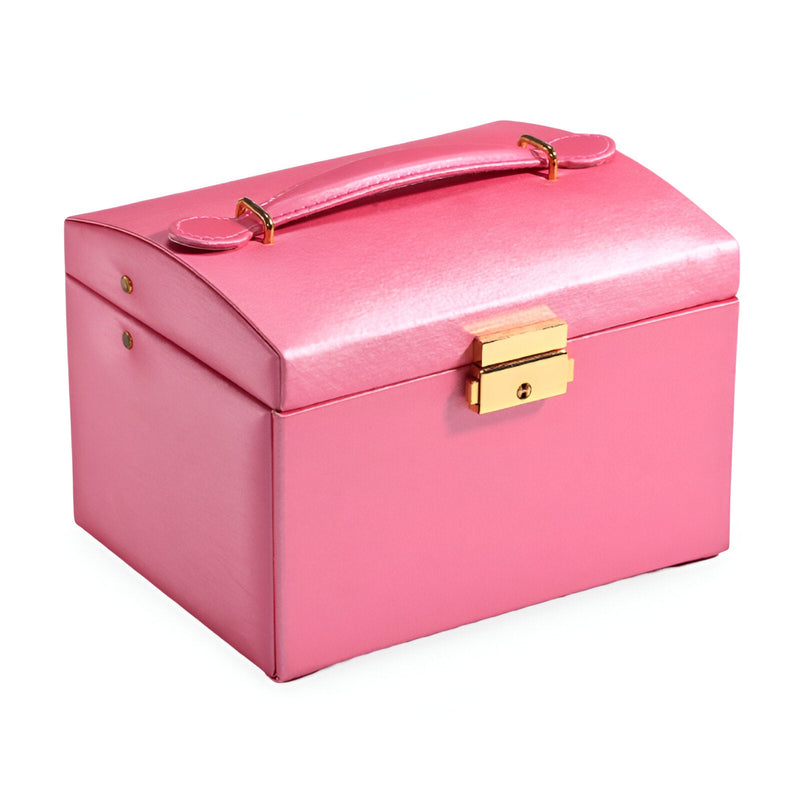 Boîte à bijoux nomade rose poudré avec poignée et fermoir doré, forme rectangulaire arrondie.