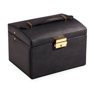 Boîte à bijoux nomade noire en cuir avec poignée et fermoir doré, design compact et élégant.