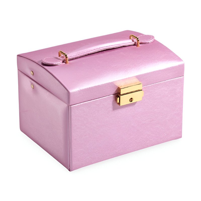 Boîte à bijoux rose poudré avec poignée, fermoir doré et design rectangulaire compact.