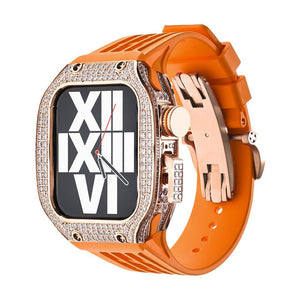 Boîtier carrée en titane rose serti de strass, bracelet silicone orange texturé, design moderne Sultan.