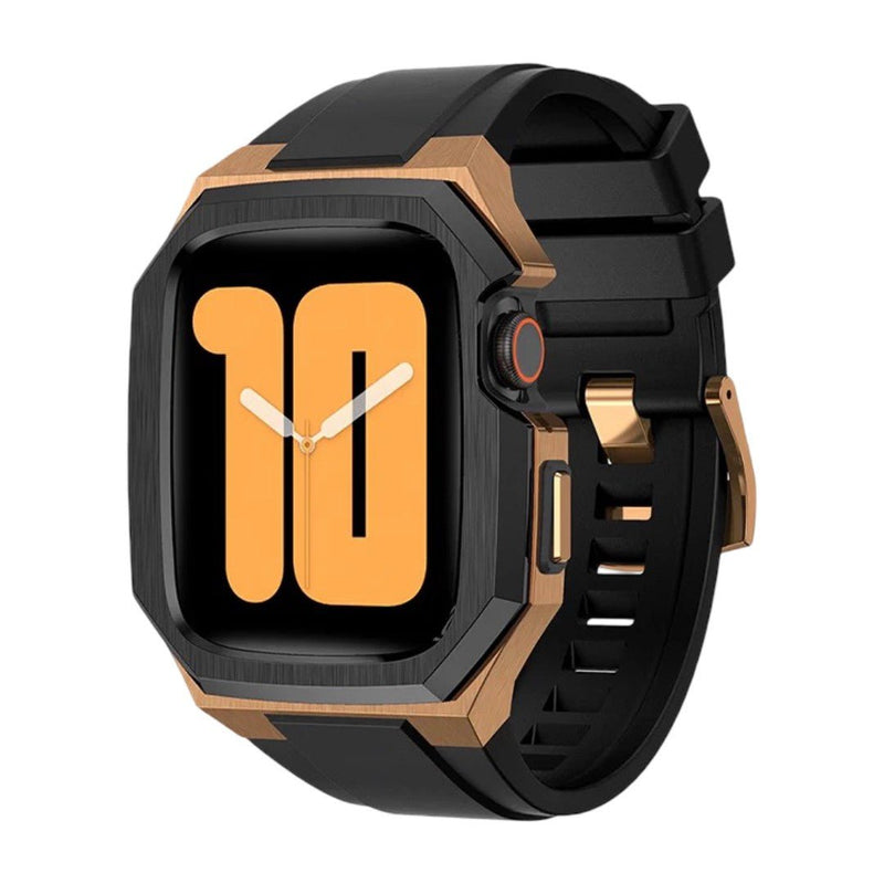 Boîtier robuste angulaire en acier inoxydable noir et cuivre avec bracelet sport noir en fluororubber pour Apple Watch.