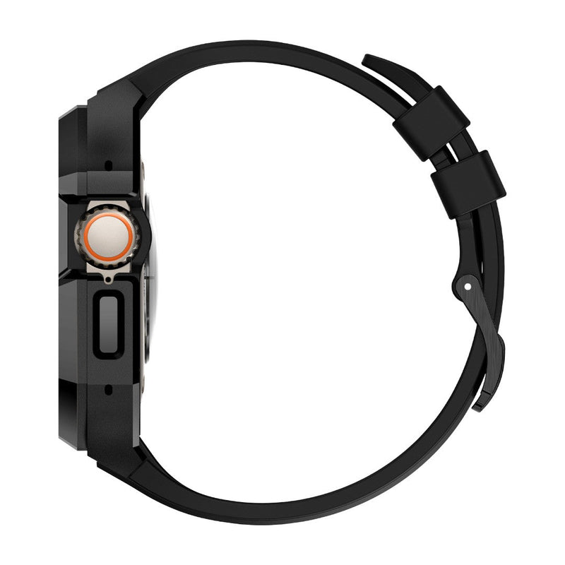 Boîtier renforcé noir pour Apple Watch avec bracelet sport en fluororubber noir à design angulaire robuste.