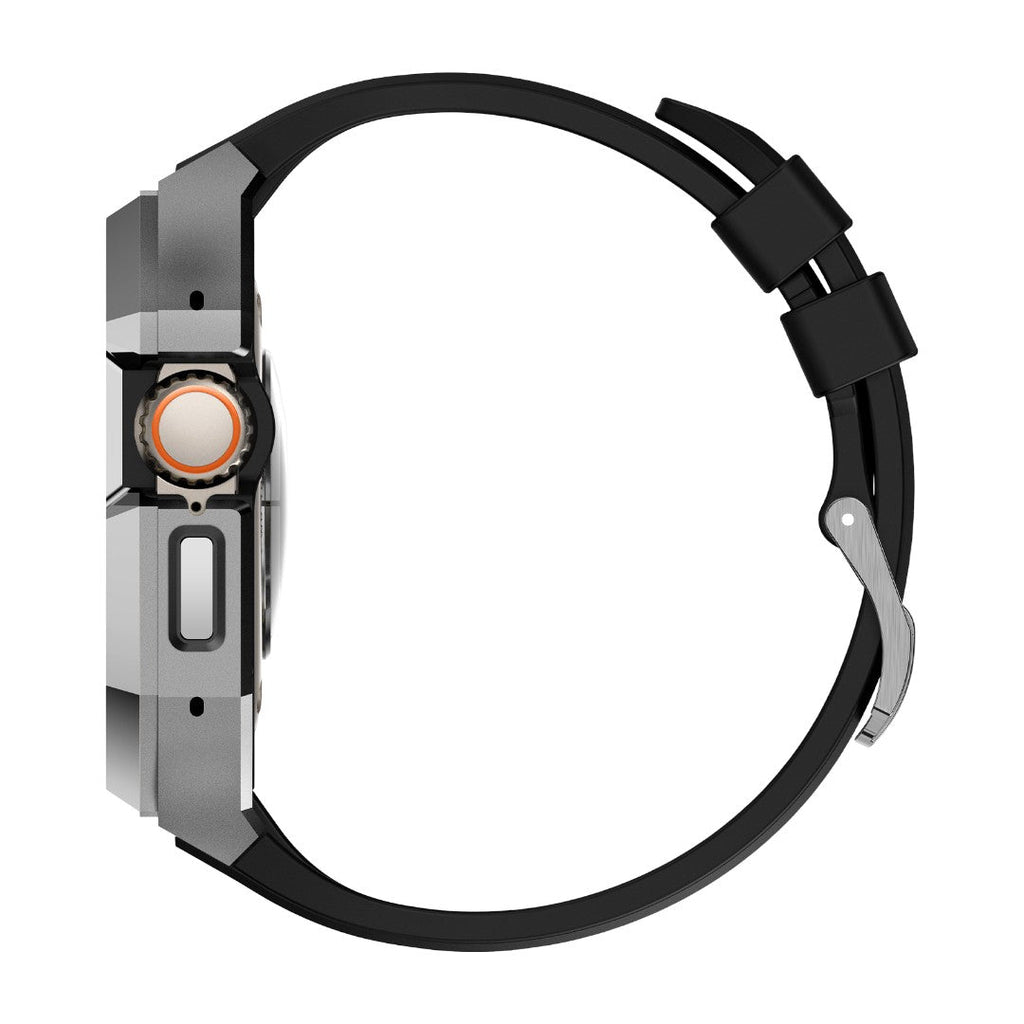 Boîtier Apple Watch en acier inoxydable angulaire gris, bracelet sport noir en fluororubber flexible.