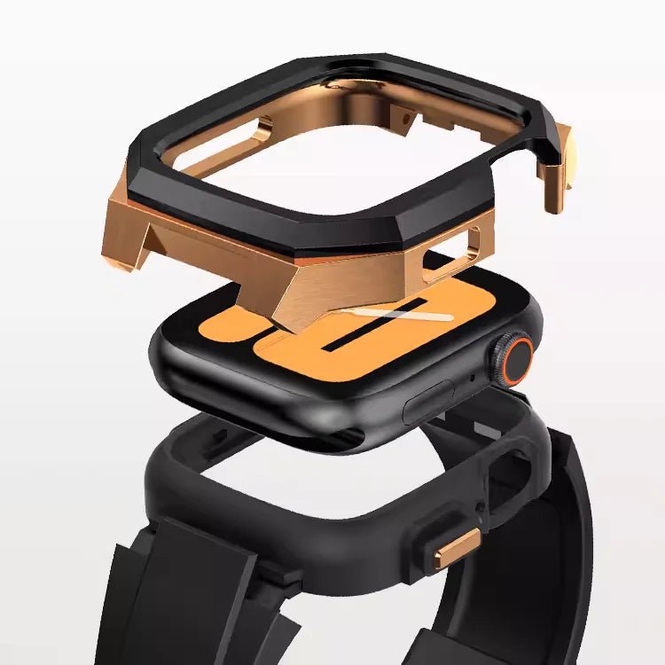 Boîtier angulaire en acier inoxydable couleur bronze avec bracelet sport noir en fluororubber pour Apple Watch.