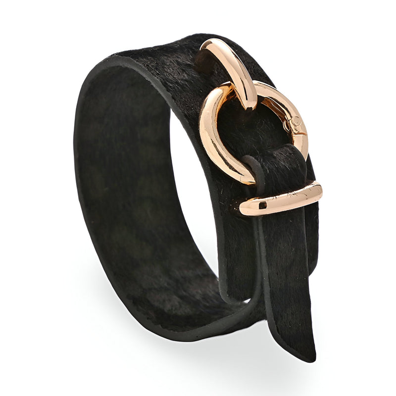 Bracelet femme noir en cuir avec boucle dorée ronde style léopard modèle Fauve.